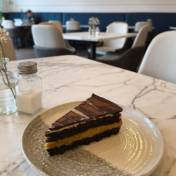 Slice of chocolate cake with yellow filling on a plate, salt shaker, and blurred restaurant interior.